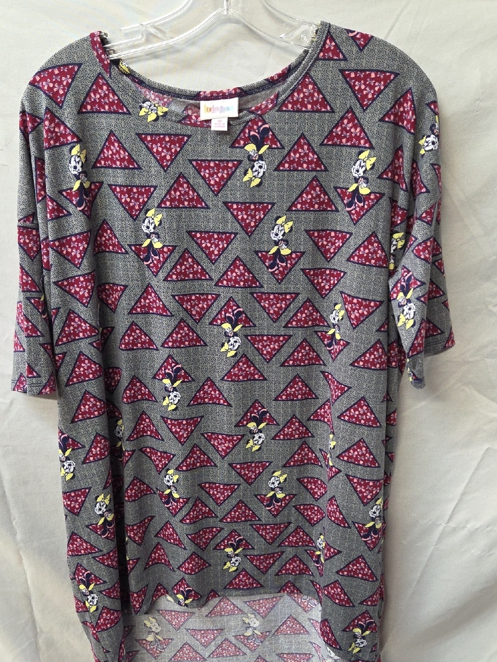 LuLaRoe Gray Tee with Pink Triangle Pattern and Yellow Minnie Mouse Accents M-